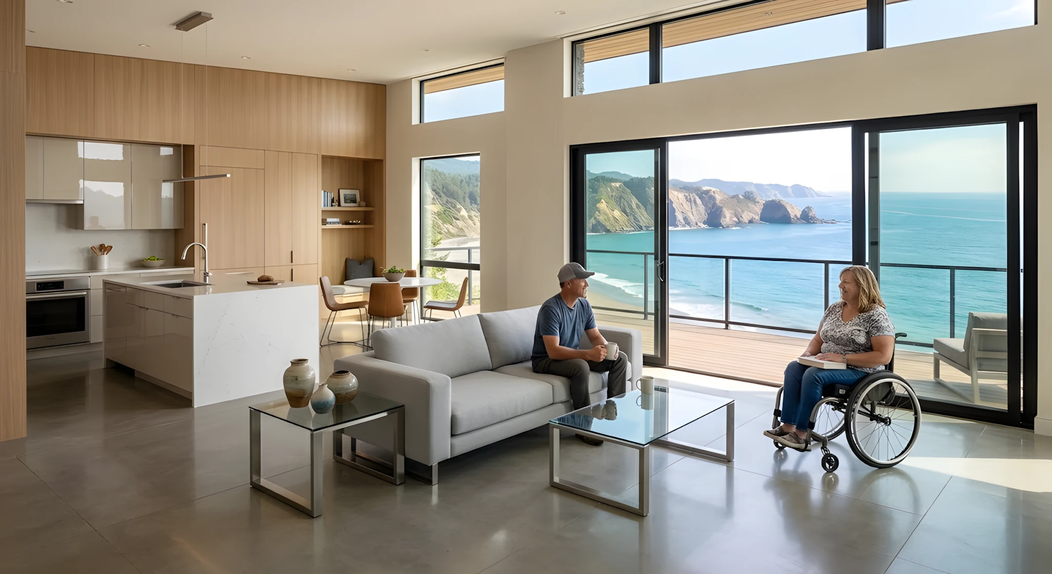 Open-plan ocean-view living room with smooth floors and a wheelchair user by the glass doors