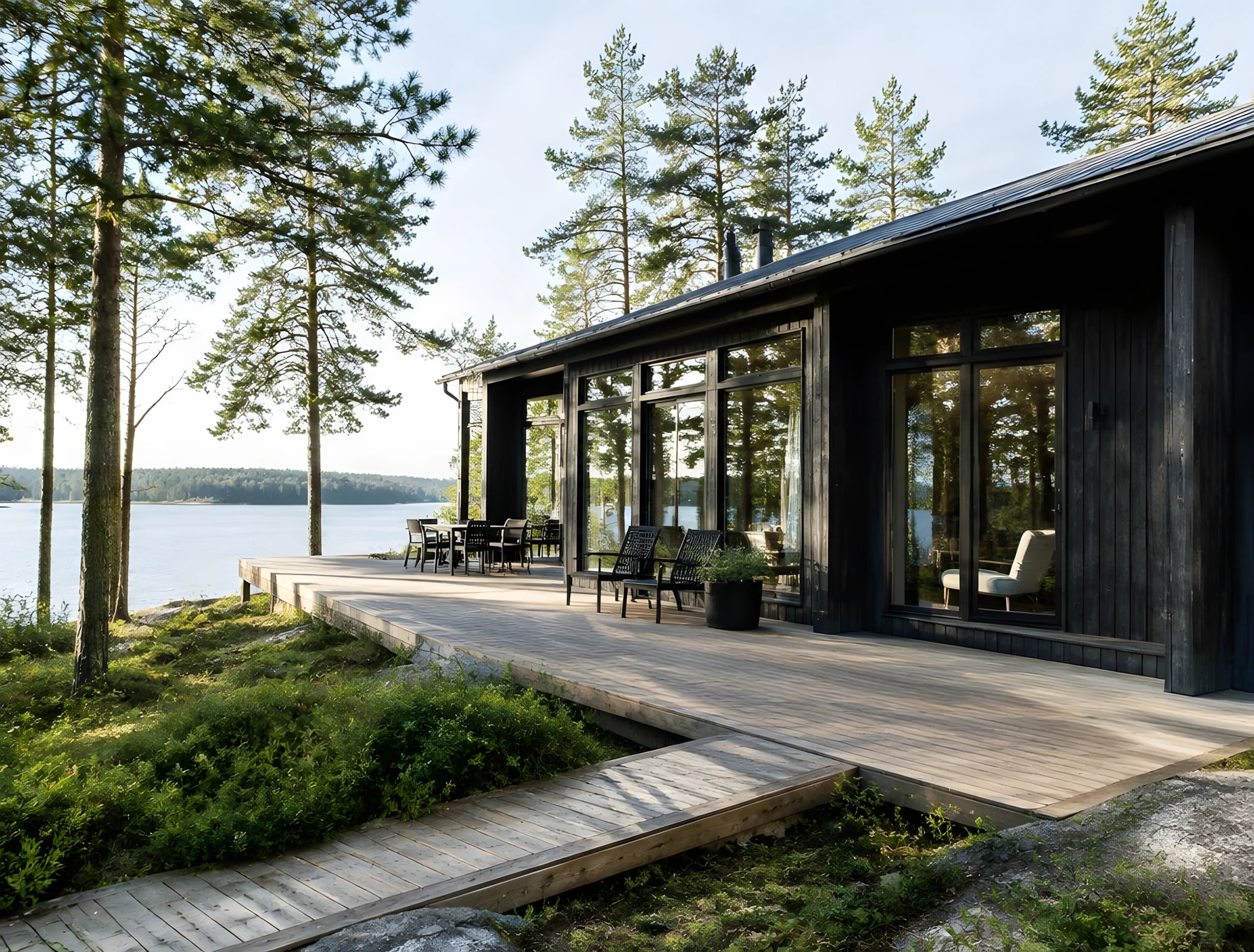 Dark timber cabin among pines with a level deck and a gentle wooden ramp