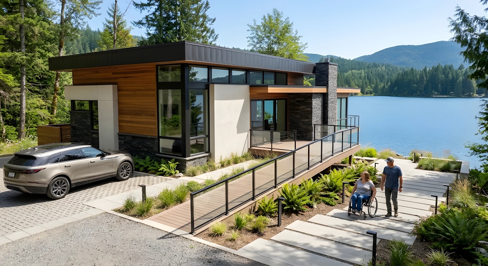 Modern lakeside villa with a long ramped walkway to the entrance and a wheelchair user arriving