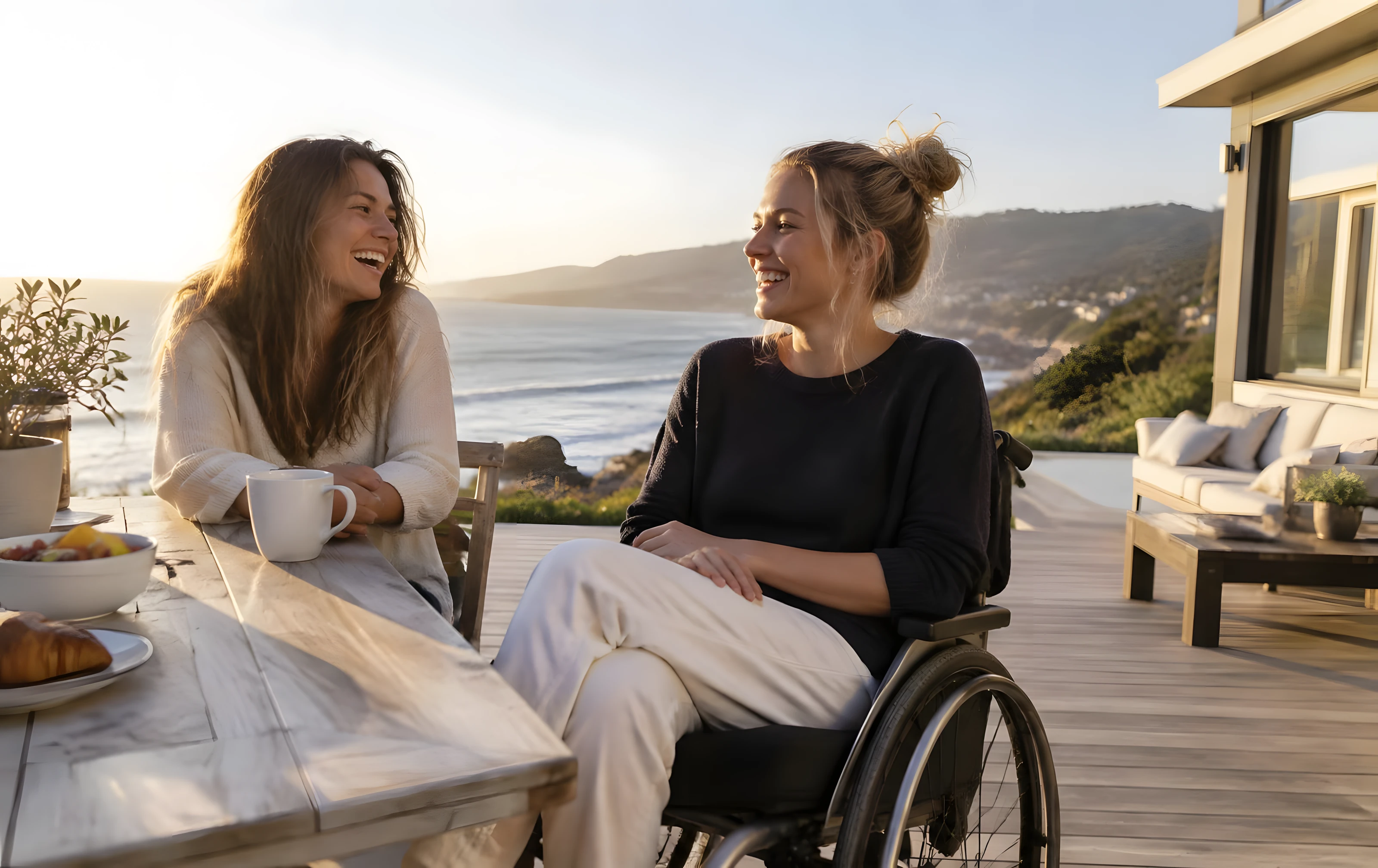 Two friends laughing over coffee on a sunny oceanfront deck, one of them seated in a wheelchair