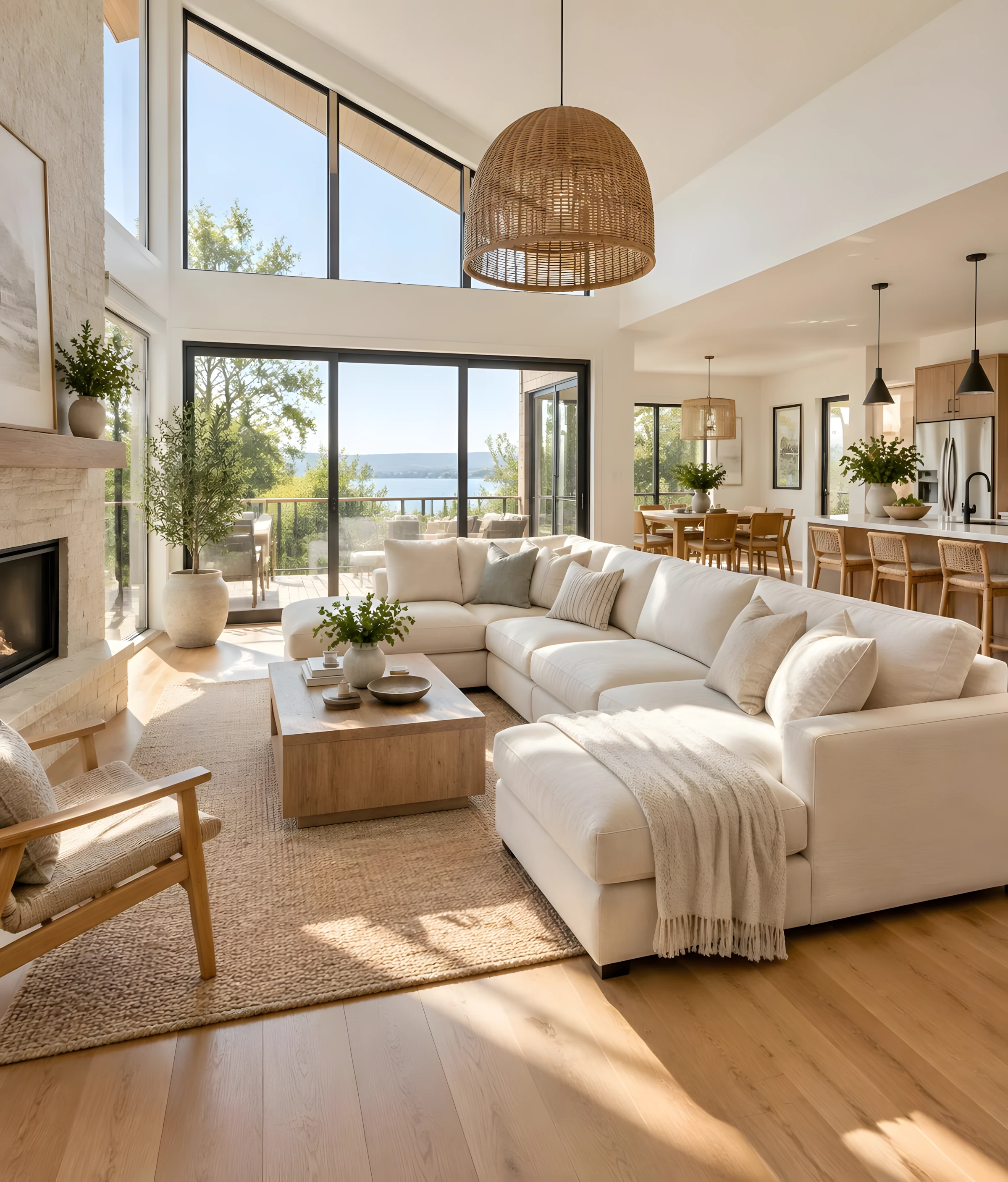 Bright, open-plan living room with tall windows looking out to a lake